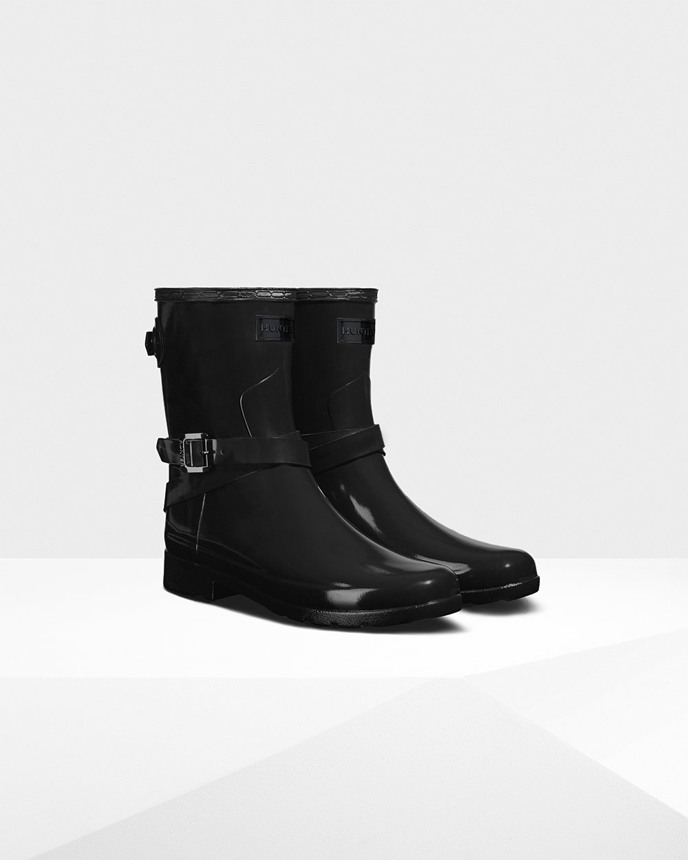 Botas de Lluvia Cortas Hunter Mujer - Refined Slim Fit Adjustable Gloss - Negros - QMZOTXL-50